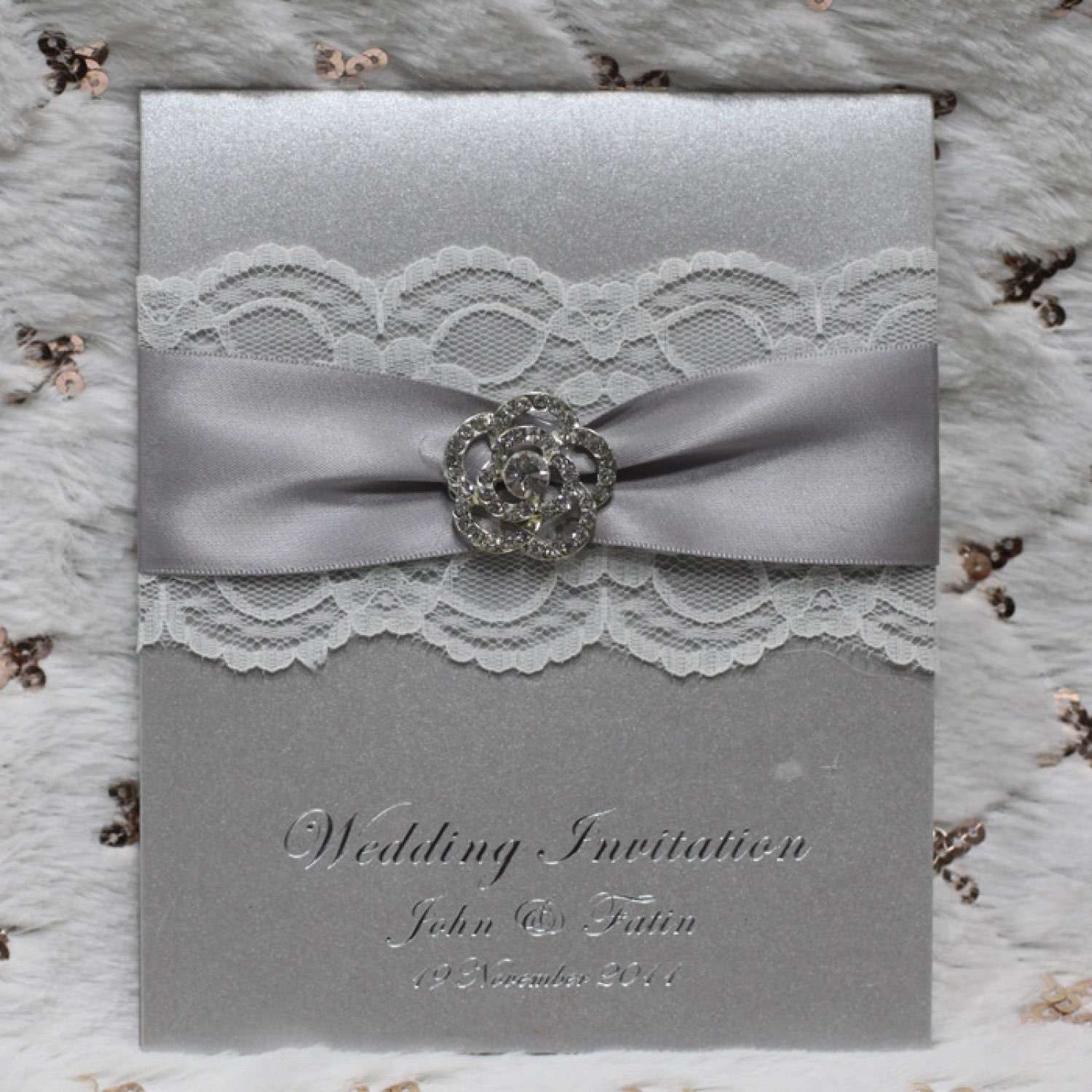 Silver Lace Greeting Card with Envelope Wedding Invitation Card Personalized Custom 